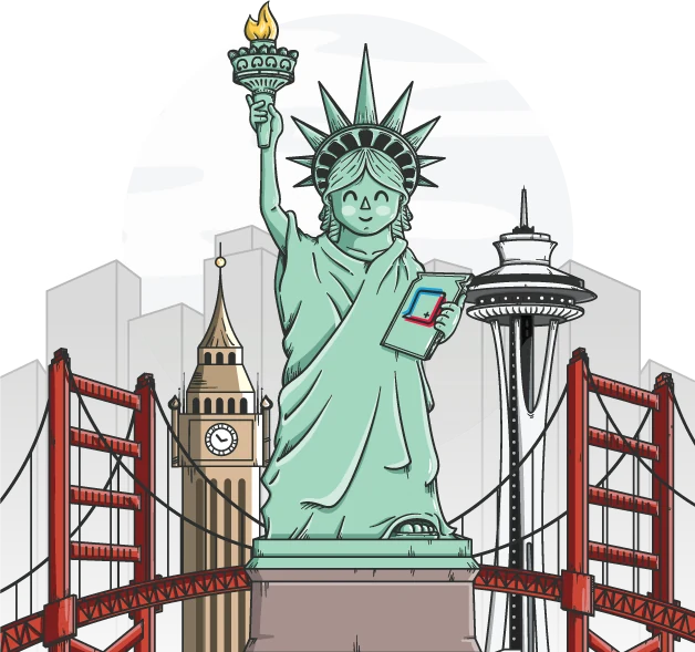 La Estatua de la Libertad sosteniendo una tablet con el logo de La Clínica del Inglés, junto al Big Ben, el Space Needle y el puente Golden Gate